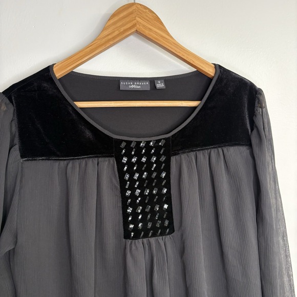 Susan Graver Artisan Women Blouse 12 Black Velvet Velour Chiffon Cocktail Mature - Picture 3 of 11